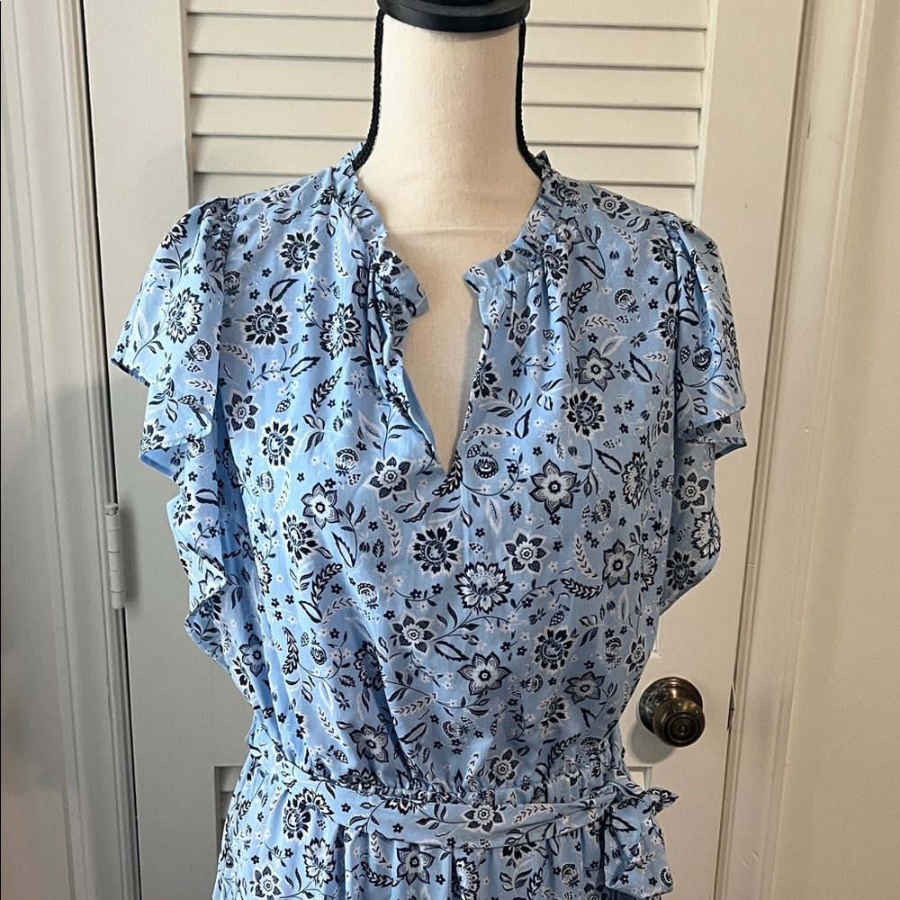 Ann Taylor Blue Floral Tiered Midi Dress with Tie Waist Size 10